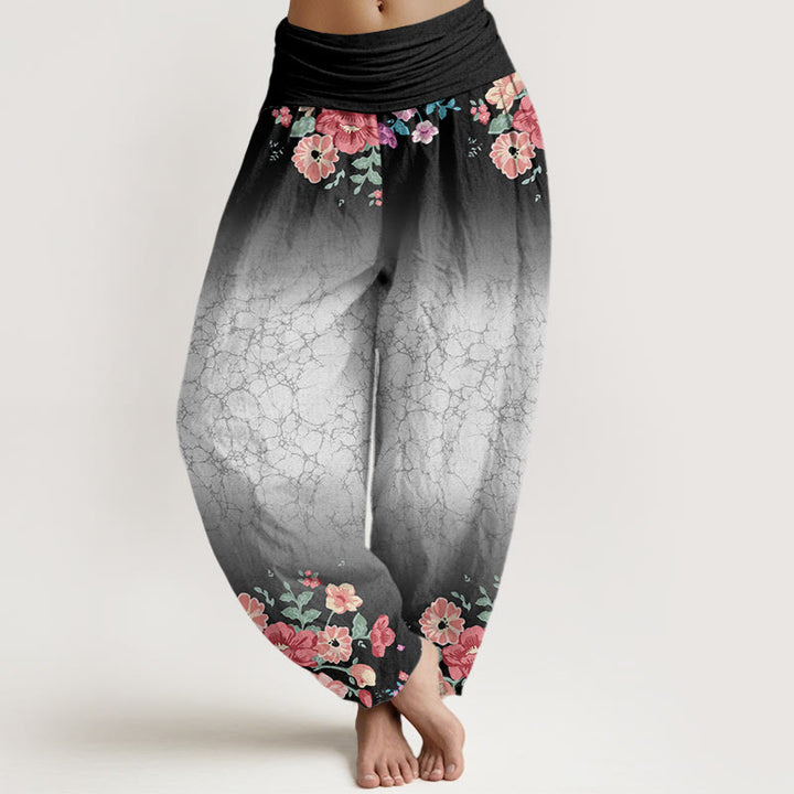 Pantaloni harem da donna con elastico in vita, motivo floreale, rami frondosi e viticci fluenti, motivo Buddha Stones - Nero - US22, UK/AU26, EU54 (6XL) - image 5