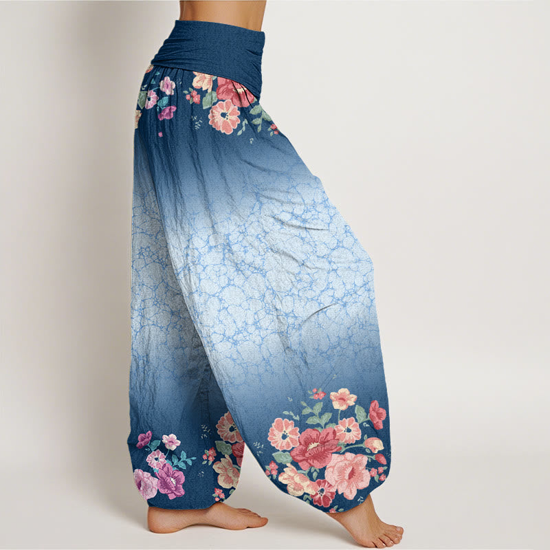 Pantaloni harem da donna con elastico in vita, motivo floreale, rami frondosi e viticci fluenti, motivo Buddha Stones - image 9