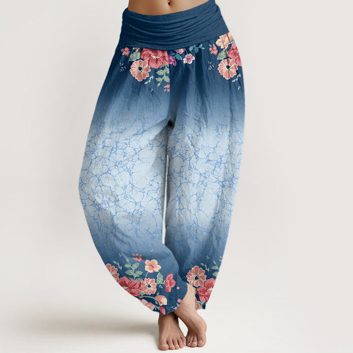 Pantaloni harem da donna con elastico in vita, motivo floreale, rami frondosi e viticci fluenti, motivo Buddha Stones - SteelBlue - US22, UK/AU26, EU54 (6XL) - image 8