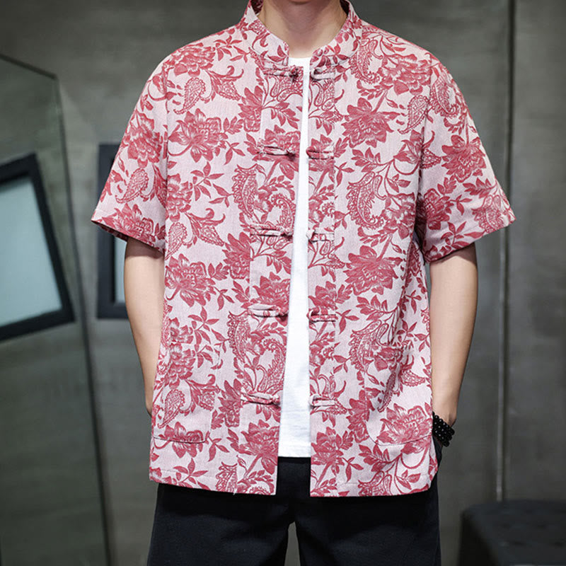 Camicia da uomo in cotone con tasche, motivo floreale paisley jacquard Buddha Stones Casual e bottoni a forma di rana. - image 4