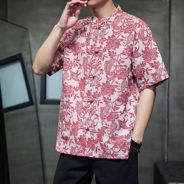 Camicia da uomo in cotone con tasche, motivo floreale paisley jacquard Buddha Stones Casual e bottoni a forma di rana. - image 3