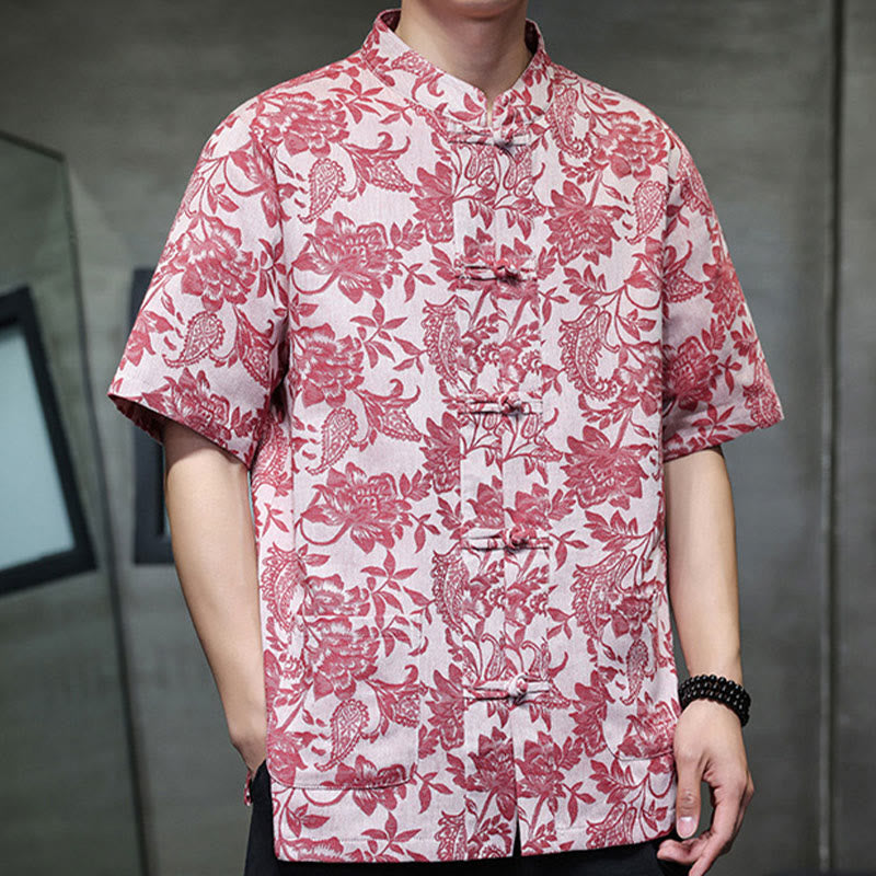 Camicia da uomo in cotone con tasche, motivo floreale paisley jacquard Buddha Stones Casual e bottoni a forma di rana. - image 7