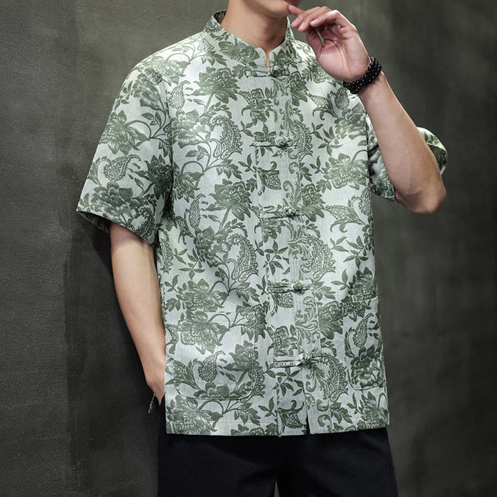 Camicia da uomo in cotone con tasche, motivo floreale paisley jacquard Buddha Stones Casual e bottoni a forma di rana. - Verde medio del mare - US/UK/AU44, EU54 (4XL) - image 29