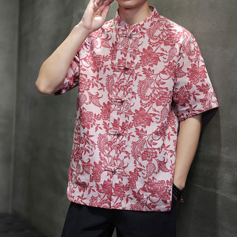 Camicia da uomo in cotone con tasche, motivo floreale paisley jacquard Buddha Stones Casual e bottoni a forma di rana. - image 1