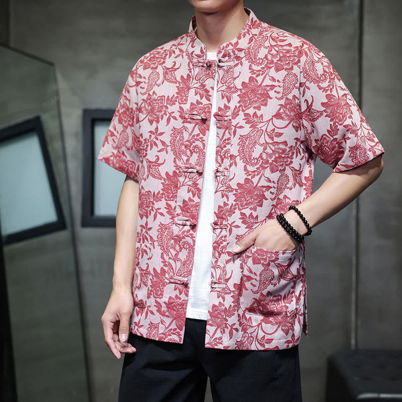 Camicia da uomo in cotone con tasche, motivo floreale paisley jacquard Buddha Stones Casual e bottoni a forma di rana. - image 5