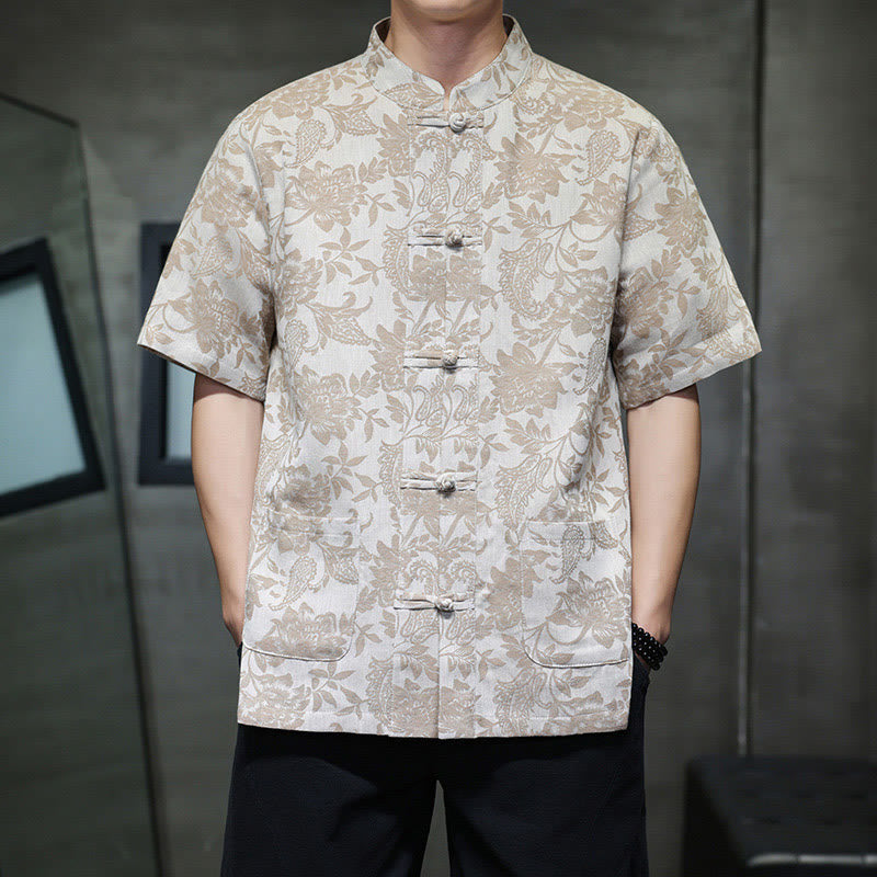 Camicia da uomo in cotone con tasche, motivo floreale paisley jacquard Buddha Stones Casual e bottoni a forma di rana. - Tan - US/UK/AU44, EU54 (4XL) - image 9