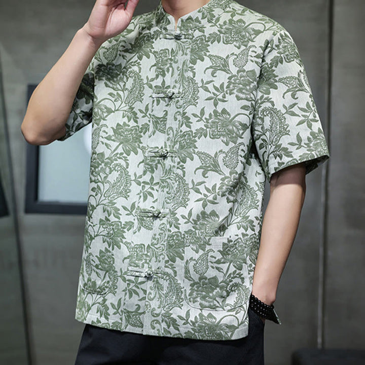 Camicia da uomo in cotone con tasche, motivo floreale paisley jacquard Buddha Stones Casual e bottoni a forma di rana. - image 32