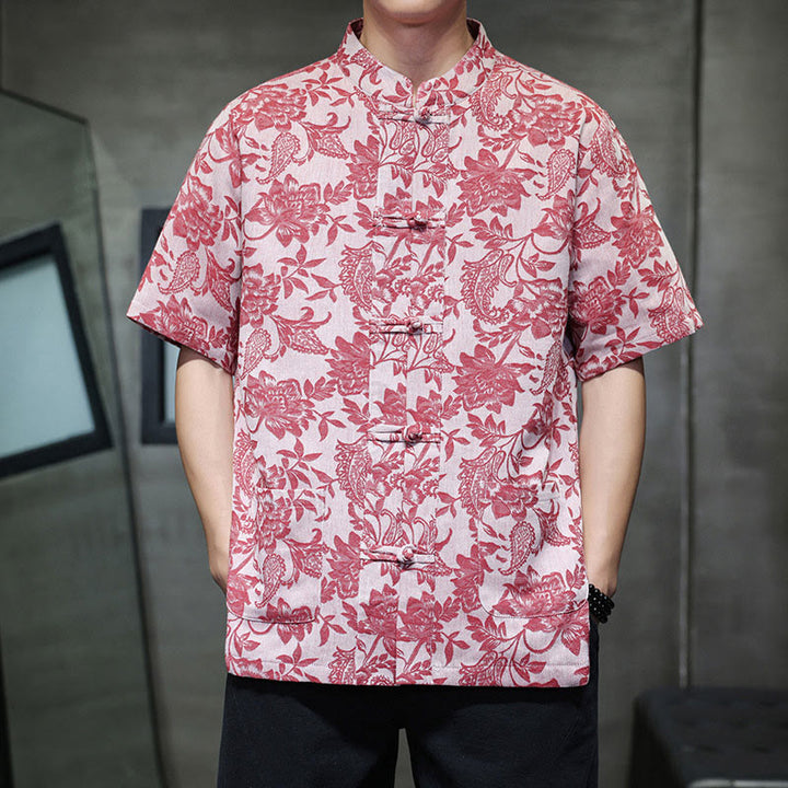 Camicia da uomo in cotone con tasche, motivo floreale paisley jacquard Buddha Stones Casual e bottoni a forma di rana. - Rosso viola pallido - US/UK/AU44, EU54 (4XL) - image 0