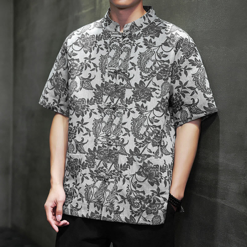 Camicia da uomo in cotone con tasche, motivo floreale paisley jacquard Buddha Stones Casual e bottoni a forma di rana. - Grigio tenue - US/UK/AU44, EU54 (4XL) - image 21