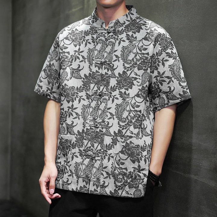 Camicia da uomo in cotone con tasche, motivo floreale paisley jacquard Buddha Stones Casual e bottoni a forma di rana. - Grigio tenue - US/UK/AU44, EU54 (4XL) - image 21