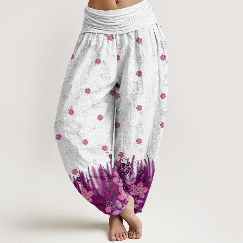 Pantaloni harem da donna con elastico in vita, motivo floreale, foglie ed erba, stile casual, motivo Buddha Stones - Viola - US22, UK/AU26, EU54 (6XL) - image 1