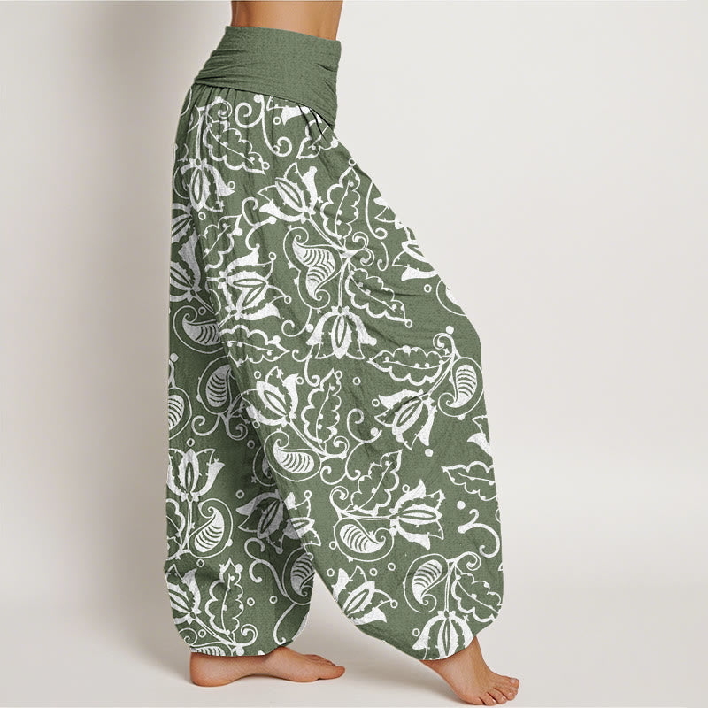 Pantaloni harem da donna con elastico in vita, motivo a vortice paisley, motivo Buddha Stones, foglie di piante casual - image 2