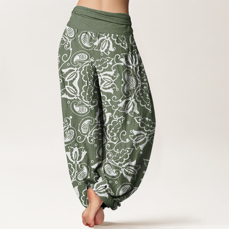 Pantaloni harem da donna con elastico in vita, motivo a vortice paisley, motivo Buddha Stones, foglie di piante casual - image 3