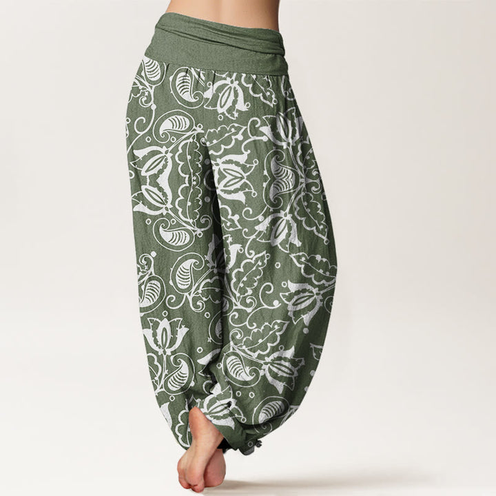 Pantaloni harem da donna con elastico in vita, motivo a vortice paisley, motivo Buddha Stones, foglie di piante casual - image 3