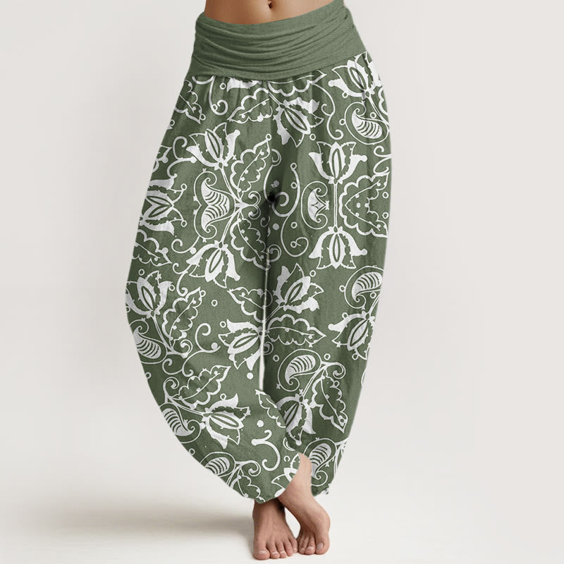 Pantaloni harem da donna con elastico in vita, motivo a vortice paisley, motivo Buddha Stones, foglie di piante casual - DarkSeaGreen - US22, UK/AU26, EU54 (6XL) - image 1
