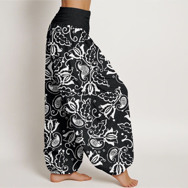 Pantaloni harem da donna con elastico in vita, motivo a vortice paisley, motivo Buddha Stones, foglie di piante casual - image 10