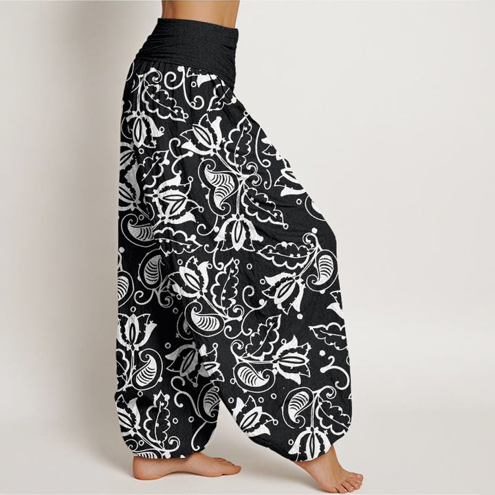 Pantaloni harem da donna con elastico in vita, motivo a vortice paisley, motivo Buddha Stones, foglie di piante casual - image 10