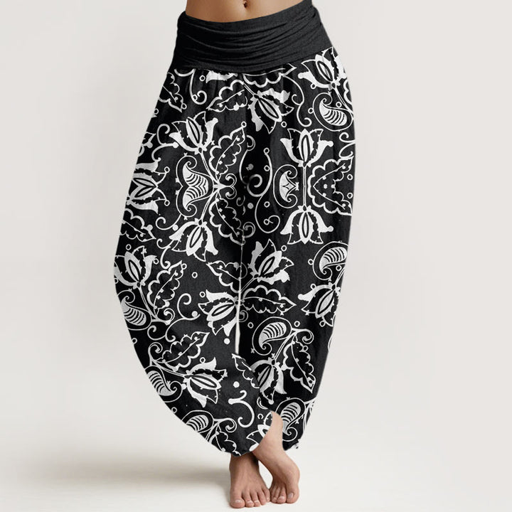 Pantaloni harem da donna con elastico in vita, motivo a vortice paisley, motivo Buddha Stones, foglie di piante casual - Nero - US22, UK/AU26, EU54 (6XL) - image 8
