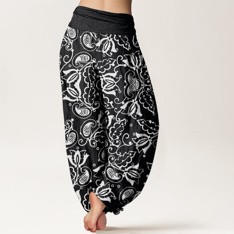 Pantaloni harem da donna con elastico in vita, motivo a vortice paisley, motivo Buddha Stones, foglie di piante casual - image 9