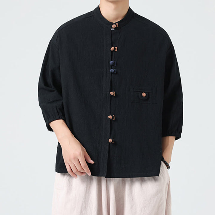 Camicia da uomo a maniche a tre quarti in cotone con taschino e bottoni a rana, modello estivo Buddha Stones. - image 14