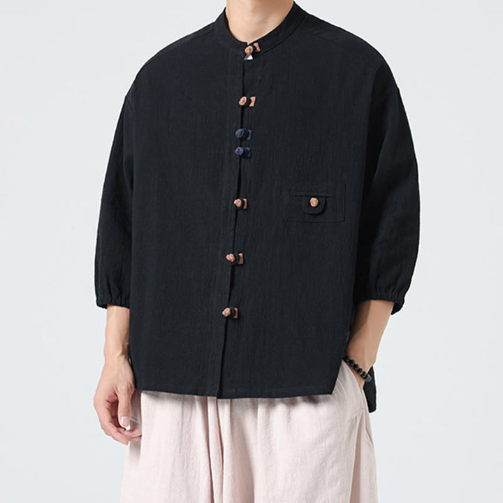 Camicia da uomo a maniche a tre quarti in cotone con taschino e bottoni a rana, modello estivo Buddha Stones. - image 12