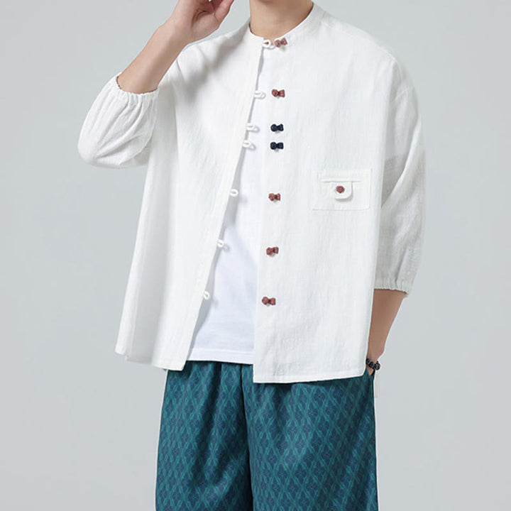 Cardigan da uomo in cotone con maniche a tre quarti, con tasca e bottoni a rana, con colletto rialzato, estivo, Buddha Stones - Bianco - US/UK/AU46, EU56 (5XL) - image 0