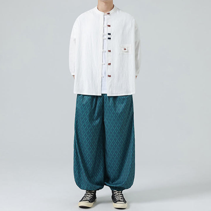 Cardigan da uomo in cotone con maniche a tre quarti, con tasca e bottoni a rana, con colletto rialzato, estivo, Buddha Stones - image 6