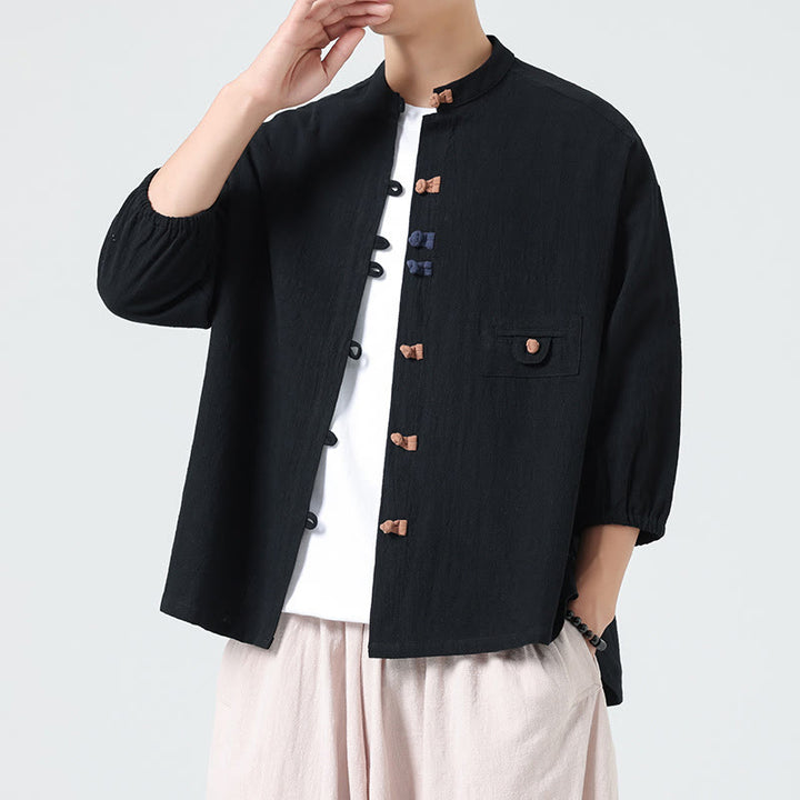 Cardigan da uomo in cotone con maniche a tre quarti, con tasca e bottoni a rana, con colletto rialzato, estivo, Buddha Stones - Nero - US/UK/AU46, EU56 (5XL) - image 9