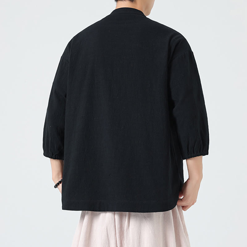 Cardigan da uomo in cotone con maniche a tre quarti, con tasca e bottoni a rana, con colletto rialzato, estivo, Buddha Stones - image 15