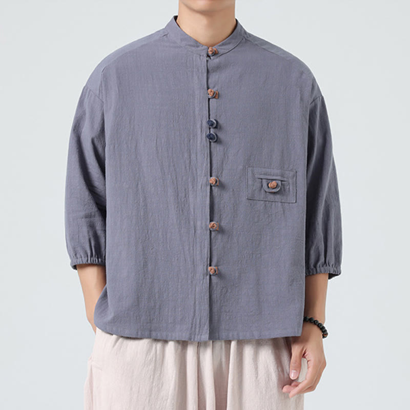 Camicia da uomo a maniche a tre quarti in cotone con taschino e bottoni a rana, modello estivo Buddha Stones. - image 21