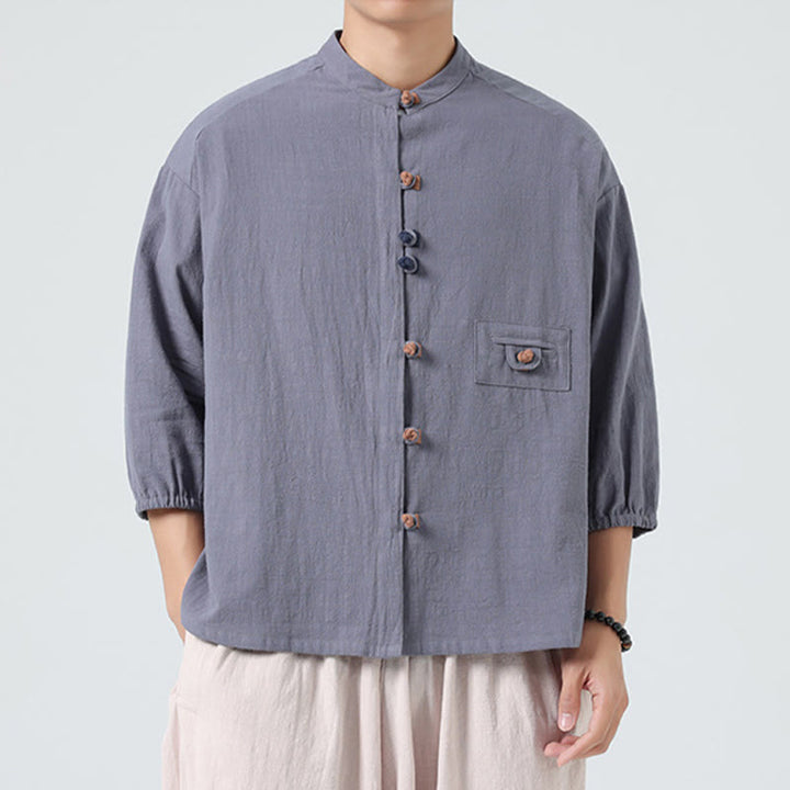 Camicia da uomo a maniche a tre quarti in cotone con taschino e bottoni a rana, modello estivo Buddha Stones. - image 21