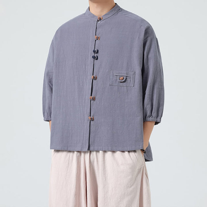 Camicia da uomo a maniche a tre quarti in cotone con taschino e bottoni a rana, modello estivo Buddha Stones. - image 20