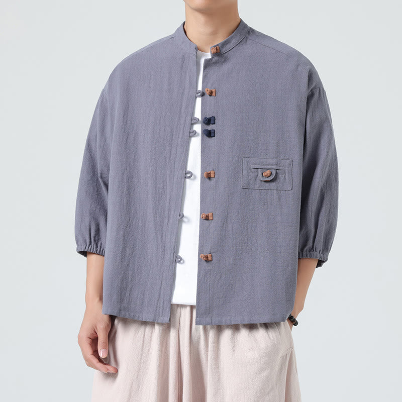 Camicia da uomo a maniche a tre quarti in cotone con taschino e bottoni a rana, modello estivo Buddha Stones. - image 22