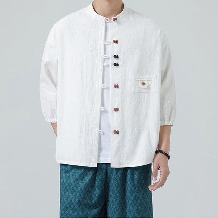 Camicia da uomo a maniche a tre quarti in cotone con taschino e bottoni a rana, modello estivo Buddha Stones. - image 2