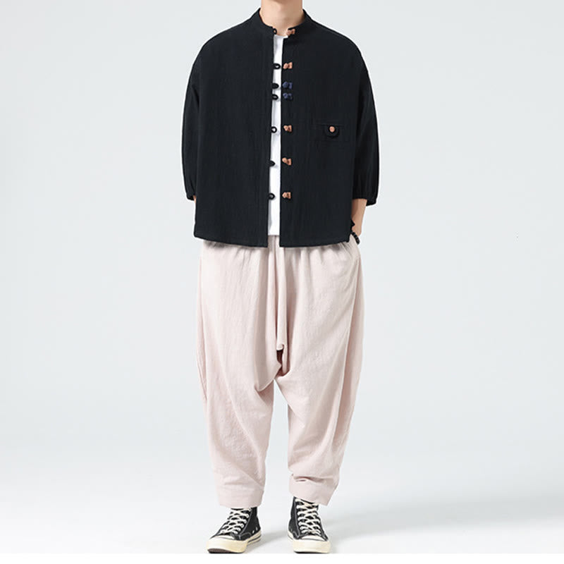 Cardigan da uomo in cotone con maniche a tre quarti, con tasca e bottoni a rana, con colletto rialzato, estivo, Buddha Stones - image 17