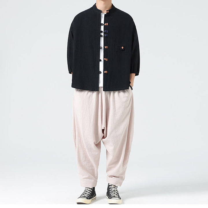 Cardigan da uomo in cotone con maniche a tre quarti, con tasca e bottoni a rana, con colletto rialzato, estivo, Buddha Stones - image 17