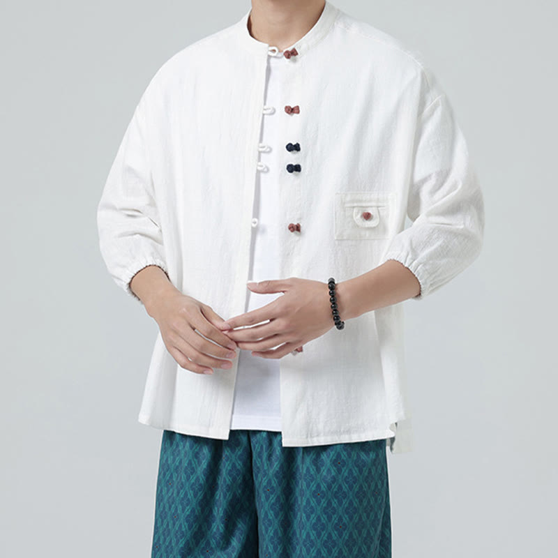 Camicia da uomo a maniche a tre quarti in cotone con taschino e bottoni a rana, modello estivo Buddha Stones. - image 1