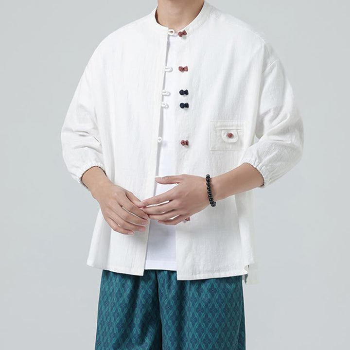 Camicia da uomo a maniche a tre quarti in cotone con taschino e bottoni a rana, modello estivo Buddha Stones. - image 1