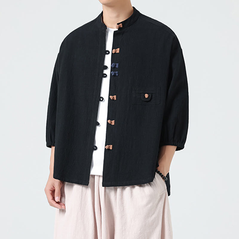 Camicia da uomo a maniche a tre quarti in cotone con taschino e bottoni a rana, modello estivo Buddha Stones. - image 10