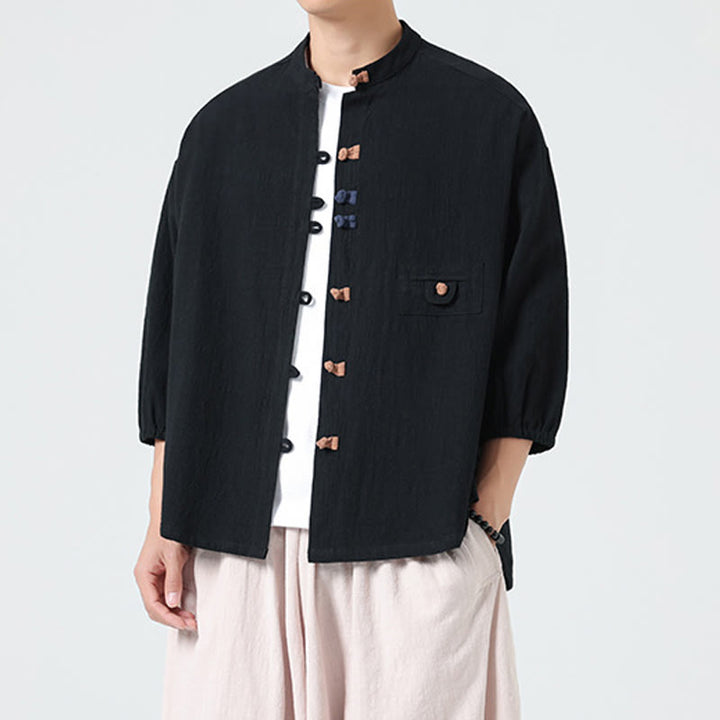 Camicia da uomo a maniche a tre quarti in cotone con taschino e bottoni a rana, modello estivo Buddha Stones. - image 10