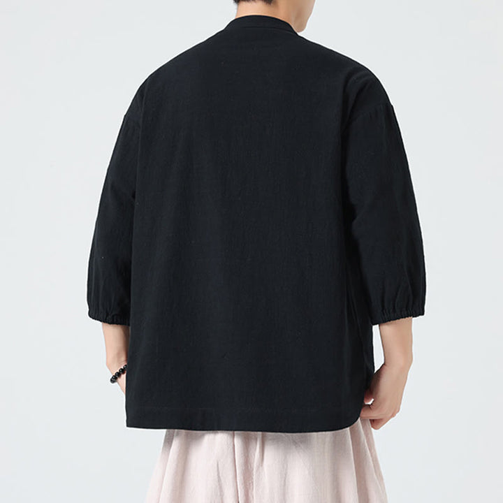 Camicia da uomo a maniche a tre quarti in cotone con taschino e bottoni a rana, modello estivo Buddha Stones. - image 15