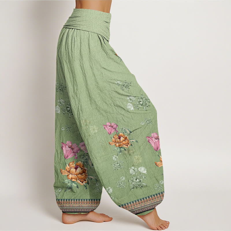 Pantaloni harem da donna con elastico in vita, modello casual con motivo a petali di peonia e Buddha Stones - image 1