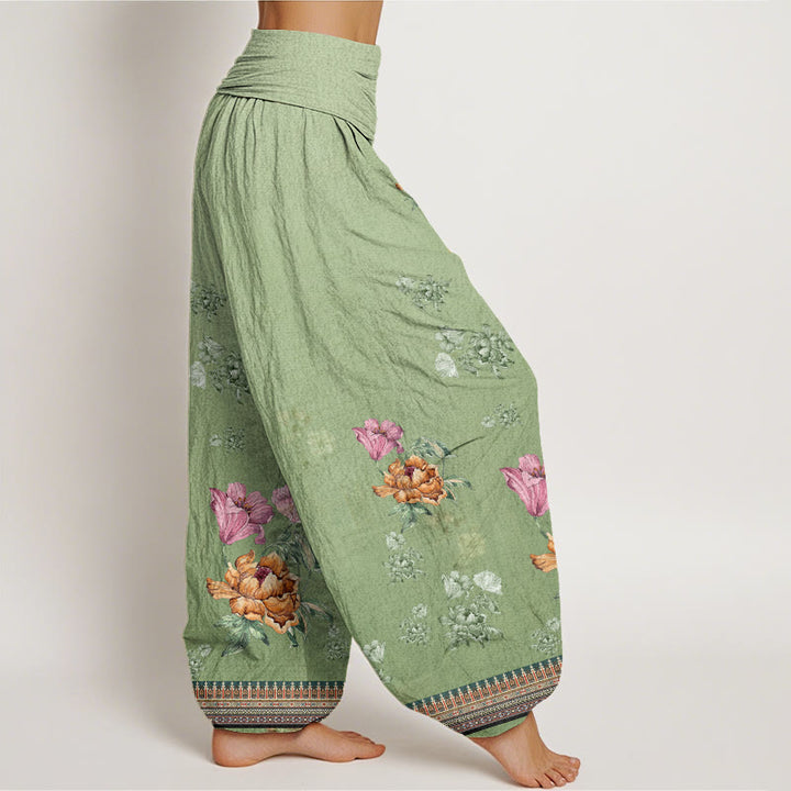 Pantaloni harem da donna con elastico in vita, modello casual con motivo a petali di peonia e Buddha Stones - image 1