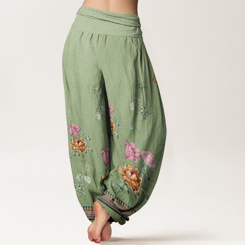 Pantaloni harem da donna con elastico in vita, modello casual in cotone con motivo a petali di peonia e pietre Buddha Stones - image 2