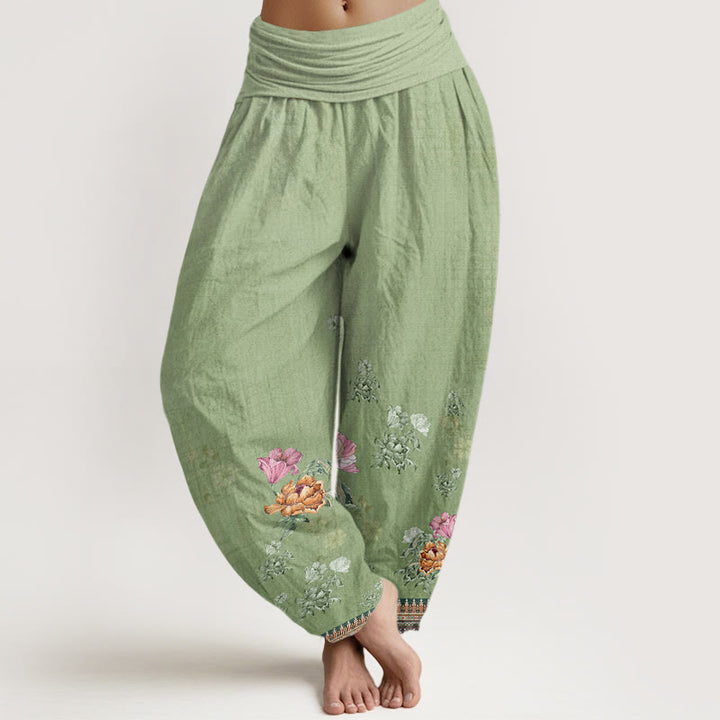 Pantaloni harem da donna con elastico in vita, modello casual in cotone con motivo a petali di peonia e pietre Buddha Stones - GialloVerde - US22, UK/AU26, EU54 (6XL) - image 0