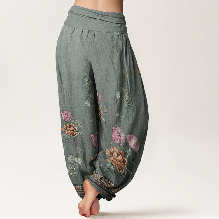 Pantaloni harem da donna con elastico in vita, modello casual in cotone con motivo a petali di peonia e pietre Buddha Stones - image 6