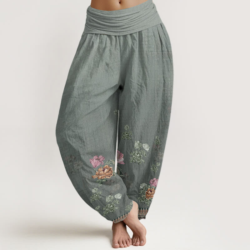 Pantaloni harem da donna con elastico in vita, modello casual in cotone con motivo a petali di peonia e pietre Buddha Stones - Grigio scuro - US22, UK/AU26, EU54 (6XL) - image 4