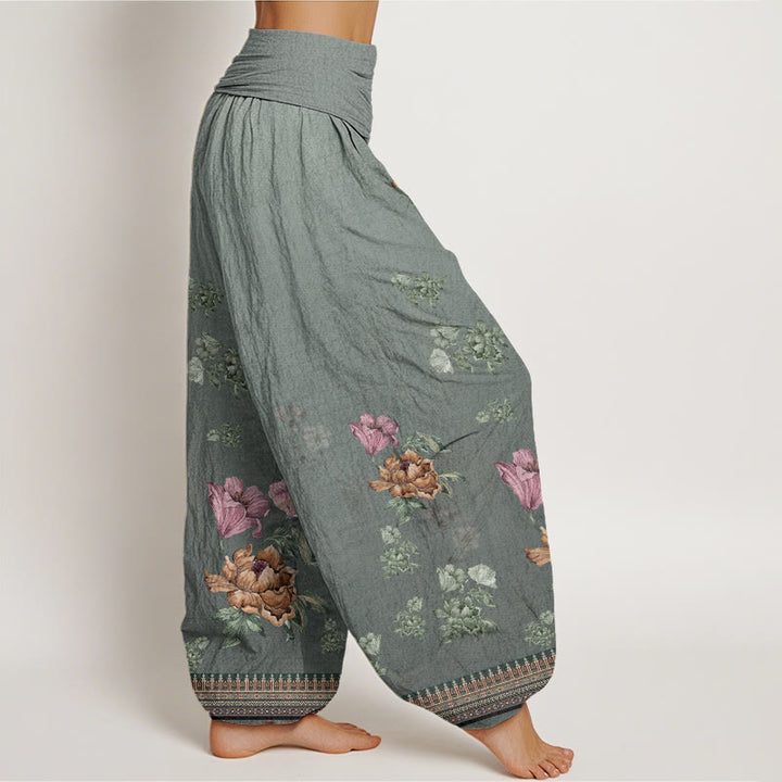 Pantaloni harem da donna con elastico in vita, modello casual con motivo a petali di peonia e Buddha Stones - image 5