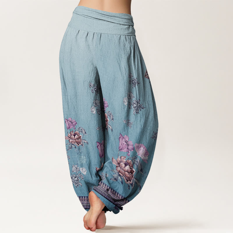 Pantaloni harem da donna con elastico in vita, modello casual con motivo a petali di peonia e Buddha Stones - image 9