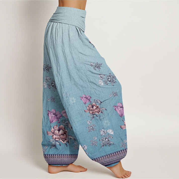 Pantaloni harem da donna con elastico in vita, modello casual con motivo a petali di peonia e Buddha Stones - image 9
